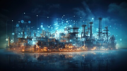 Fototapeta premium Industrial Revolution 4.0: A mesmerizing depiction of a futuristic cityscape, where towering industrial structures and interconnected data points illuminate the night.