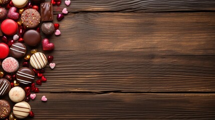 AI generated, candies sweets and chocolates on light brown rustic wooden texture, top view with space for text.