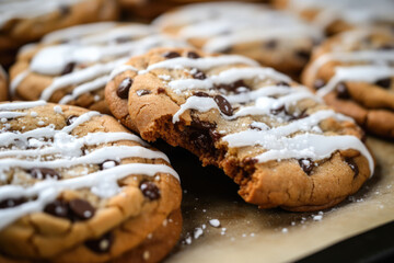 A freshly baked chocolate chip cookies. The cookies are on a baking sheet with parchment paper - Powered by Adobe