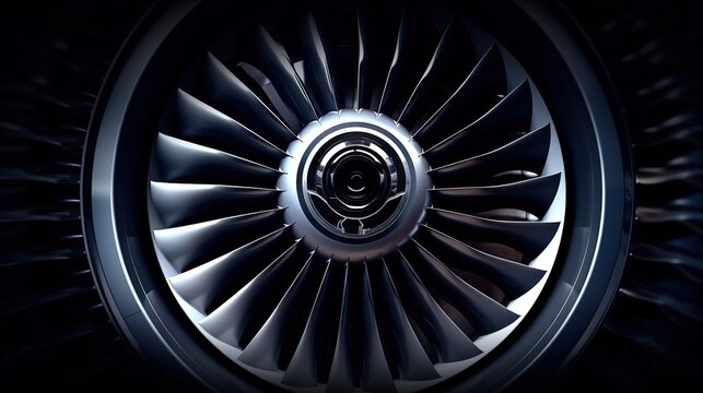 Modern turbofan engine. close up of turbojet of aircraft on black background. blades of the turbofan engine of the aircraft. generative ai