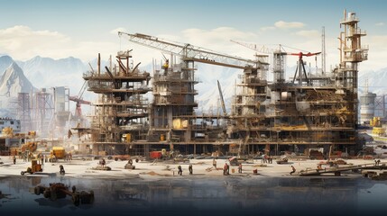 civil engineering building construction project. Creative graphic design showing concept of infrastructure city building by professional architect, worker and engineer. generative ai