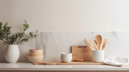 Fototapeta na wymiar Coastal style white blank empty space kitchen countertop with kitchen utensils and indoor plant, Scandi interior design, AI generated