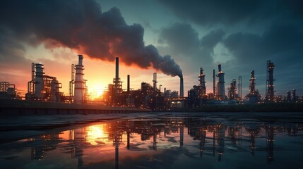 Naklejka premium Industrial Silhouette at Sunset: The image captures a sprawling industrial complex at sunset.