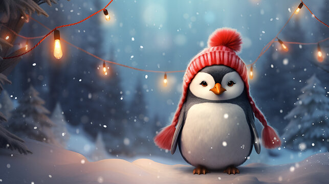 A cute penguin with a Christmas red scarf and a knitted hat on the background of a fabulous snowy forest with copy space. cartoon illustration. Christmas card.