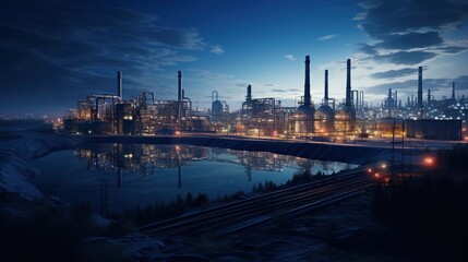Fototapeta premium Industrial Night Lights: A panoramic view of a sprawling industrial complex bathed in the soft glow of night.