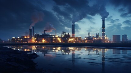 Industrial Nightfall: A haunting silhouette of an industrial complex against a stormy sky, plumes of smoke billowing into the night. The image evokes a sense of both power and consequence.
