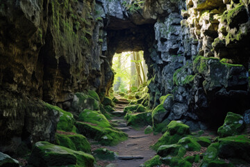 A cave with a path leading to an opening. The cave is made of rocks and boulders, with moss covering the ground and some of the rocks