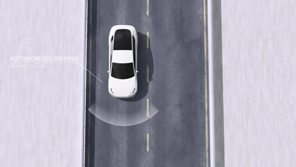 Autonomous car on highway road with radar scan, futuristic self driving electric vehicle with smart artificial intelligence technology, aerial view of wireless drive navigation concept 3d rendering
