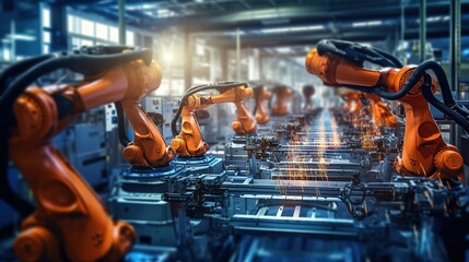 Smart industry robot arms for digital factory production technologies demonstrating the Industry 4.0 or fourth industrial revolution automated manufacturing process. generative ai