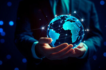 Hands of a business man holding illuminated earth planet with a concept of a global business communication network, Digital technology and Cyber security, economy and online investment, generative AI