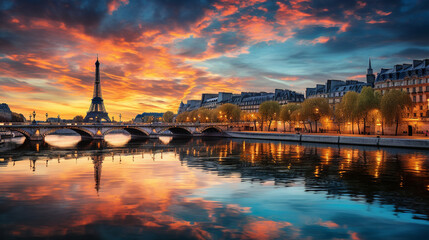 Fototapeta na wymiar Seine River reflecting the lights of Paris at twilight