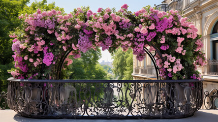 Fototapeta na wymiar Intricate wrought iron balcony adorned with cascading flowers 