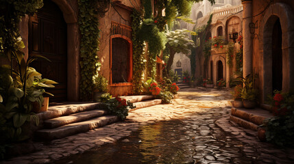 Fototapeta na wymiar Narrow alleyway leading to a hidden courtyard with a delicate fountain