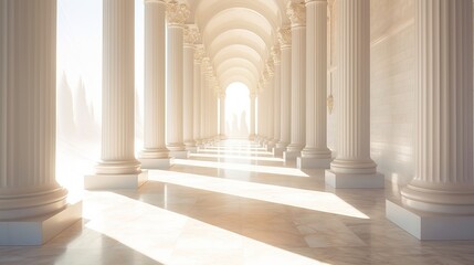 Obraz premium Sunlit Colonnade: A majestic colonnade bathed in warm sunlight, its endless rows of classical columns creating a path towards a radiant light at the end. The scene evokes a sense of grandeur.