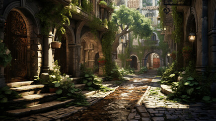 Fototapeta na wymiar Narrow alleyway leading to a hidden courtyard with a delicate fountain 