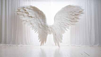 A pair of white angel wings in a photography studio backdrop. Potential graphic resource for use by photographers.