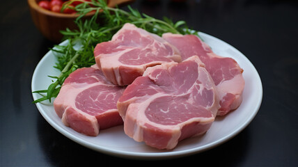 A plate of raw pork chops prepped for cooking on the grill for a barbecue or on the stove.