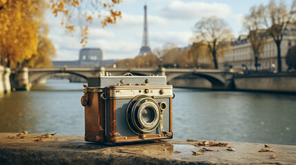 A vintage film camera capturing a moment by the Seine  - obrazy, fototapety, plakaty