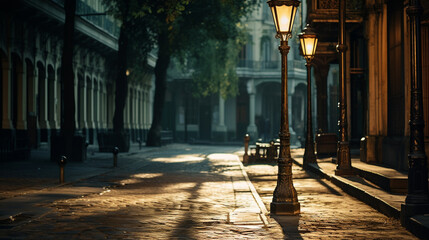 A vintage lamppost casting intricate shadows on a narrow street  - obrazy, fototapety, plakaty
