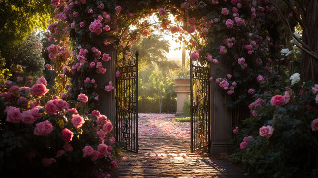 A wrought iron gate opening into a secret garden brimming with roses 