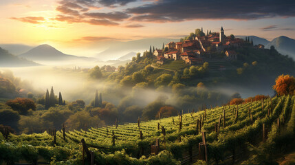 A mist-covered vineyard at sunrise, with a medieval village in the distance  - obrazy, fototapety, plakaty