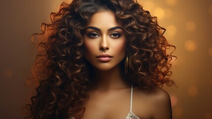 Fototapeta premium Captivating Gaze: A striking portrait of a young woman with voluminous brown curls cascading down her shoulders, her piercing gaze and delicate features illuminate her captivating beauty.