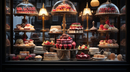 Fototapeta premium A patisserie window displaying exquisite pastries like works of art 