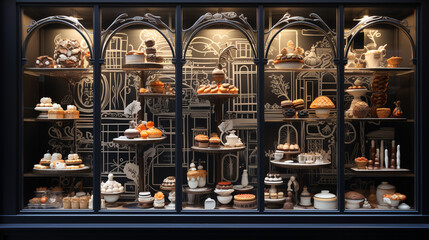 A patisserie window displaying exquisite pastries like works of art 
