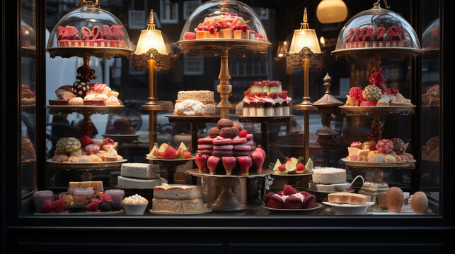 A patisserie window displaying exquisite pastries like works of art 