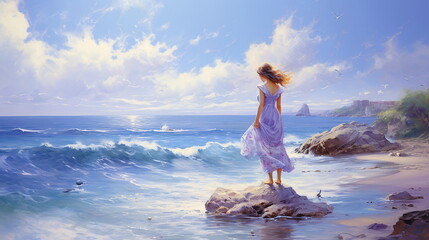 romantic woman on wild beach ,sea water on horizon, wild flowers on field ,impressionist  style art paint - 637609102