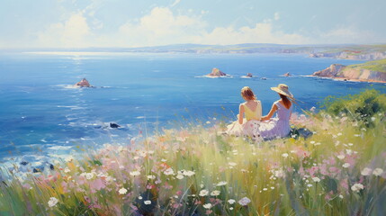 romantic woman on wild beach ,sea water on horizon, wild flowers on field ,impressionist  style art paint - 637609105