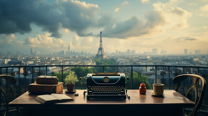 A vintage typewriter on a desk overlooking a Parisian skyline 