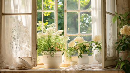 A traditional French window adorned with lace curtains and a potted plant 