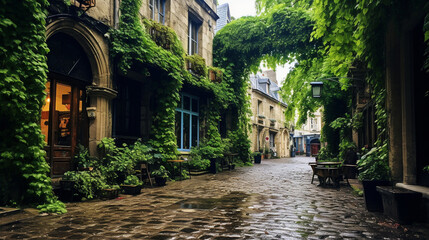 A labyrinthine alleyway in Le Marais, draped in ivy and history 