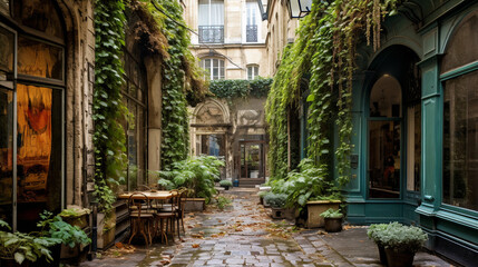 A labyrinthine alleyway in Le Marais, draped in ivy and history  - obrazy, fototapety, plakaty