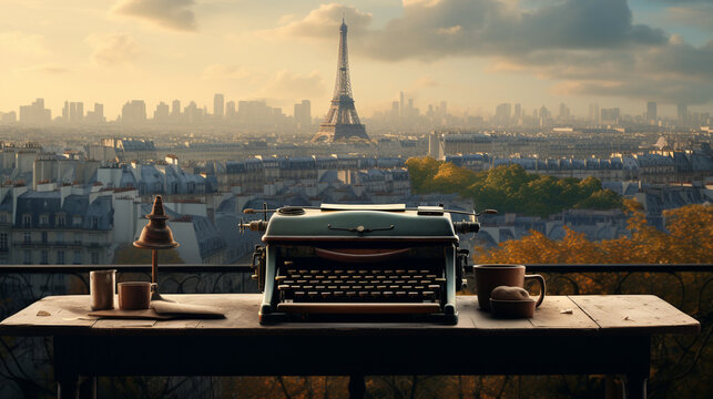 A vintage typewriter on a desk overlooking a Parisian skyline 