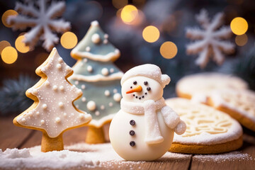 Christmas cookies, snowman, christmas tree, on festive background. Homemade food design decoration template
