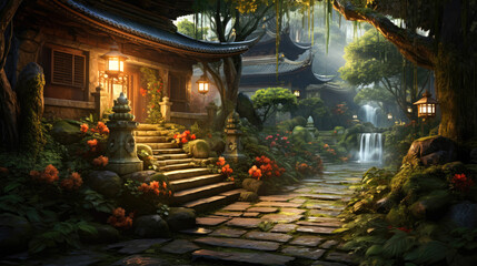 The winding path leads to the secluded place, Zen room with deep flowers and trees, rainy weather. Generative AI