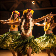 lifestyle photo women hula dancers in hawaii on stage - obrazy, fototapety, plakaty