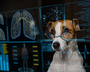 Jack Russell Terrier dog looks at a virtual screen with a medical examination of the respiratory...