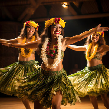 lifestyle photo women hula dancers in hawaii on stage