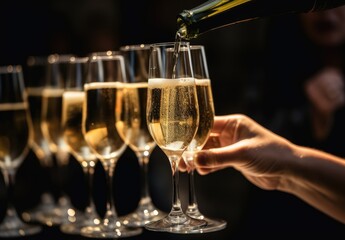 champagne being poured into many flutes by a hand Generative AI