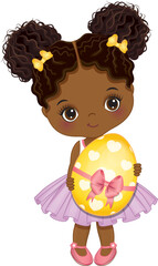 Cute Little African American Girl Holding Easter Egg. Vector Easter Black Girl