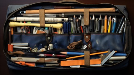Fototapeta premium Image of a pencil case overflowing with an assortment of writing instruments, including pens, pencils, and markers.