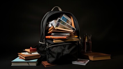 An image of an open backpack filled with textbooks, notebooks and stationery.