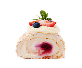 Tasty meringue roll with jam, berries and mint leaves isolated on white
