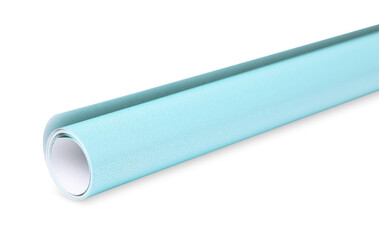 Roll of turquoise wrapping paper on white background