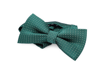 Stylish green bow tie with polka dot pattern on white background