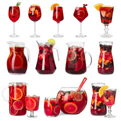 Set with tasty sangria in different glassware isolated on white