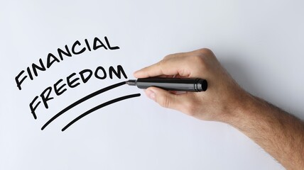 Man underlining words Financial Freedom on white background, top view